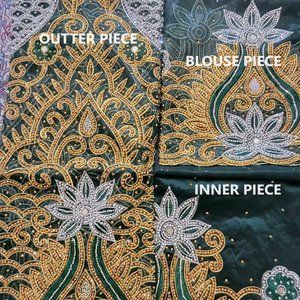 Hunter Green Net & Taffeta 6 Yards George Wrapper with Gold Rhinestone 3 Piece